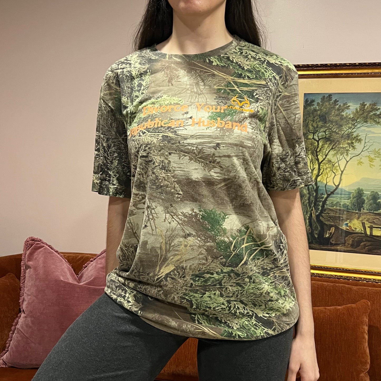 DIVORCE YOUR REPUBLICAN HUSBAND camo t-shirt with orange text (L)