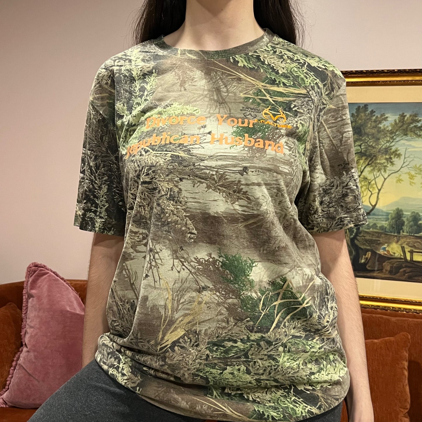 DIVORCE YOUR REPUBLICAN HUSBAND camo t-shirt with orange text (L)