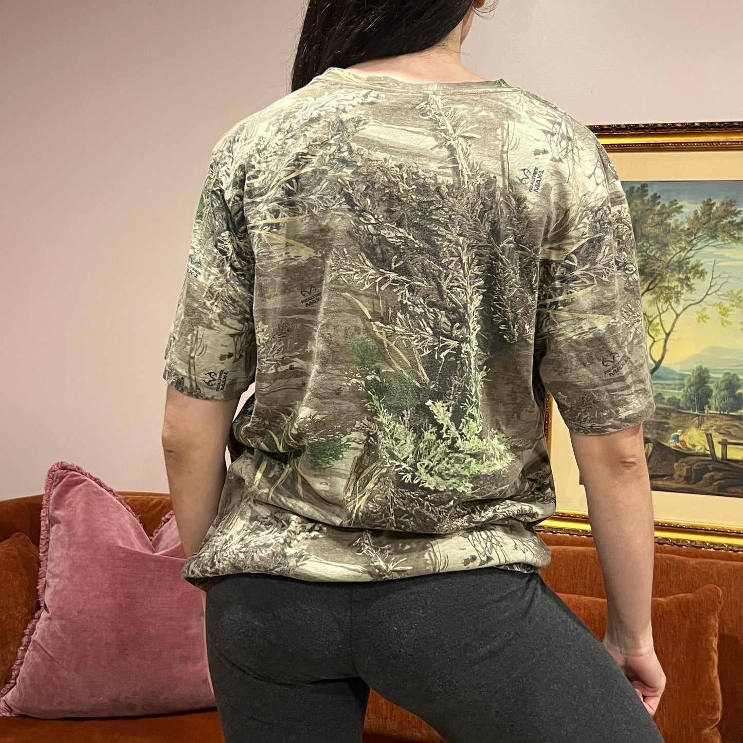 DIVORCE YOUR REPUBLICAN HUSBAND camo t-shirt with orange text (L)