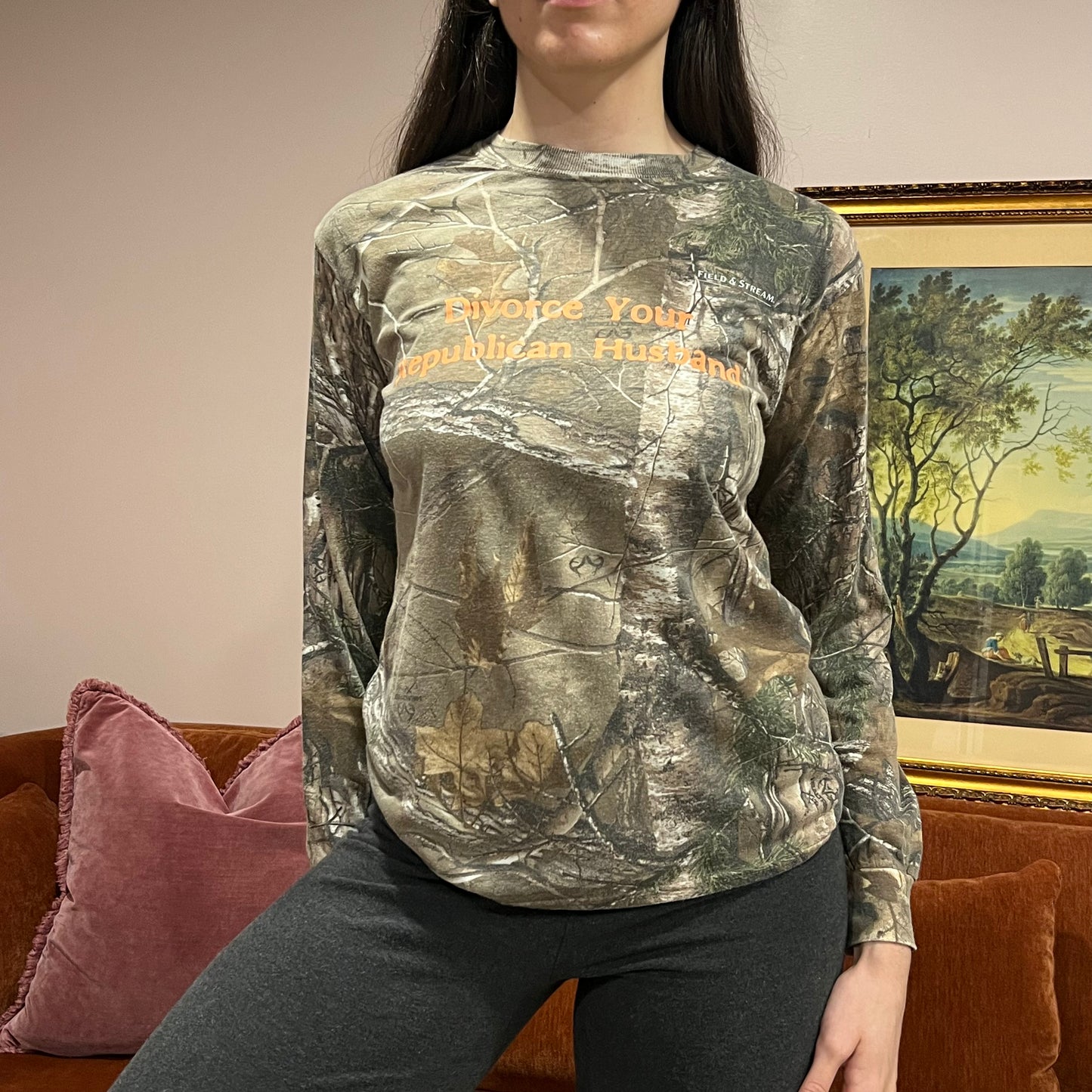 DIVORCE YOUR REPUBLICAN HUSBAND camo long sleeve t-shirt with orange text (SM)