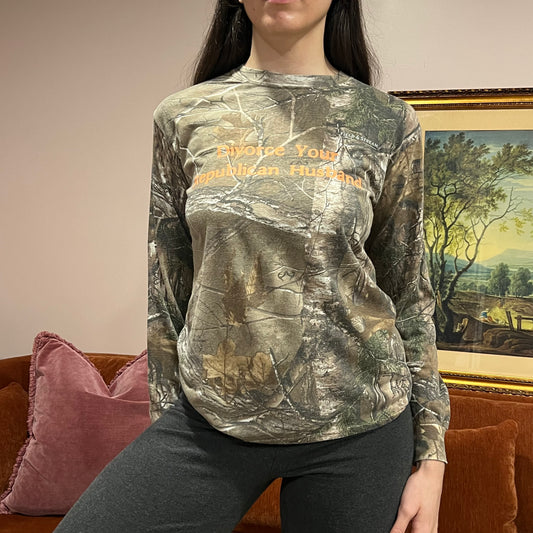 DIVORCE YOUR REPUBLICAN HUSBAND camo long sleeve t-shirt with orange text (SM)