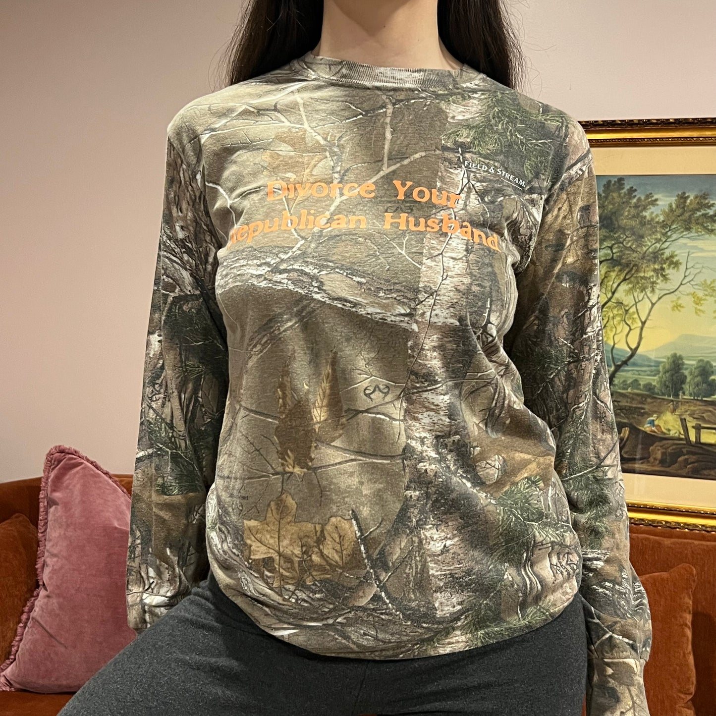DIVORCE YOUR REPUBLICAN HUSBAND camo long sleeve t-shirt with orange text (SM)