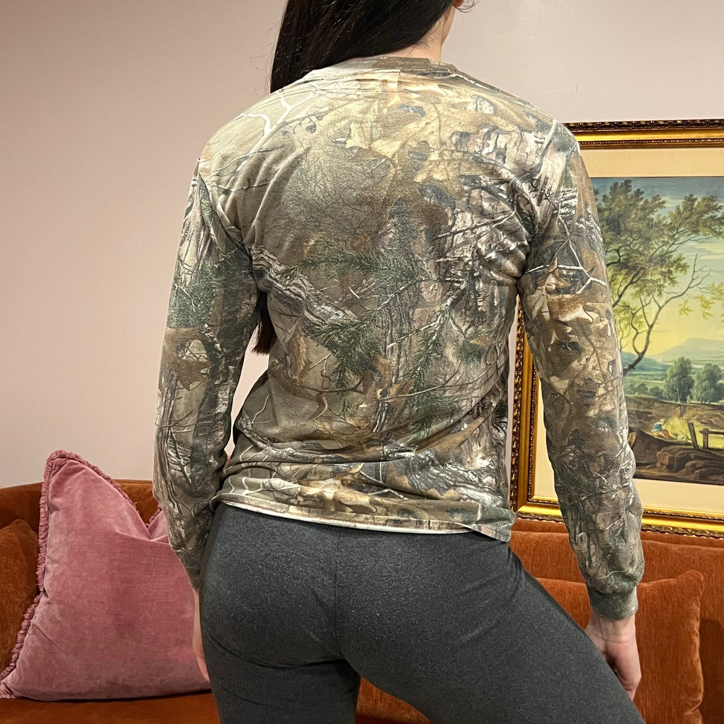 DIVORCE YOUR REPUBLICAN HUSBAND camo long sleeve t-shirt with orange text (SM)