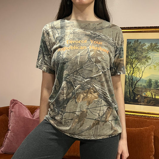 DIVORCE YOUR REPUBLICAN HUSBAND camo t-shirt with orange text (L)
