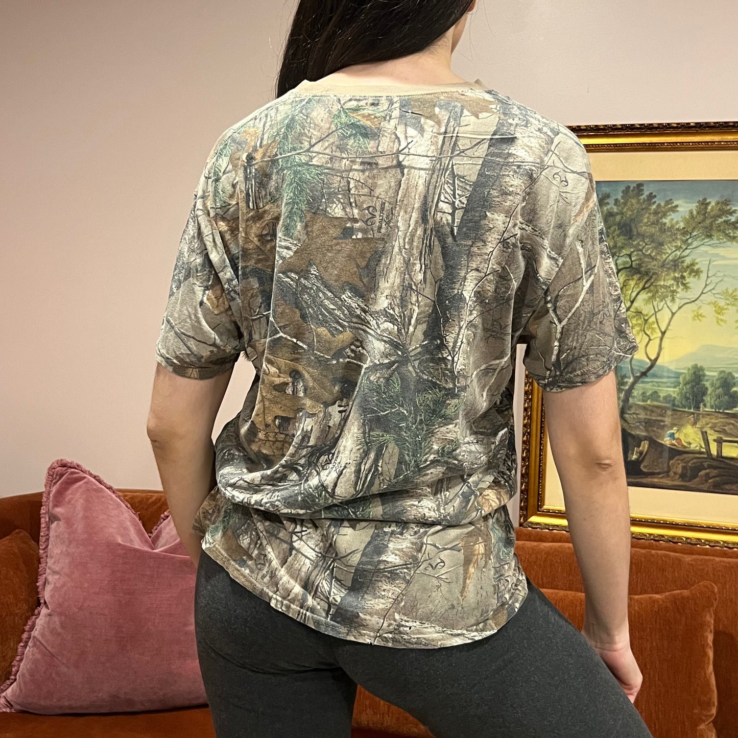 DIVORCE YOUR REPUBLICAN HUSBAND camo t-shirt with orange text (L)