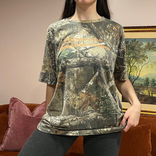 DIVORCE YOUR REPUBLICAN HUSBAND camo t-shirt with orange text (XL)