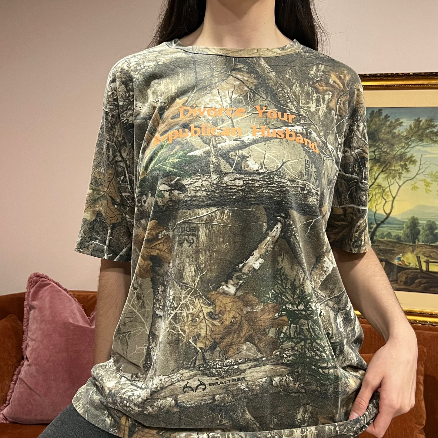 DIVORCE YOUR REPUBLICAN HUSBAND camo t-shirt with orange text (XL)