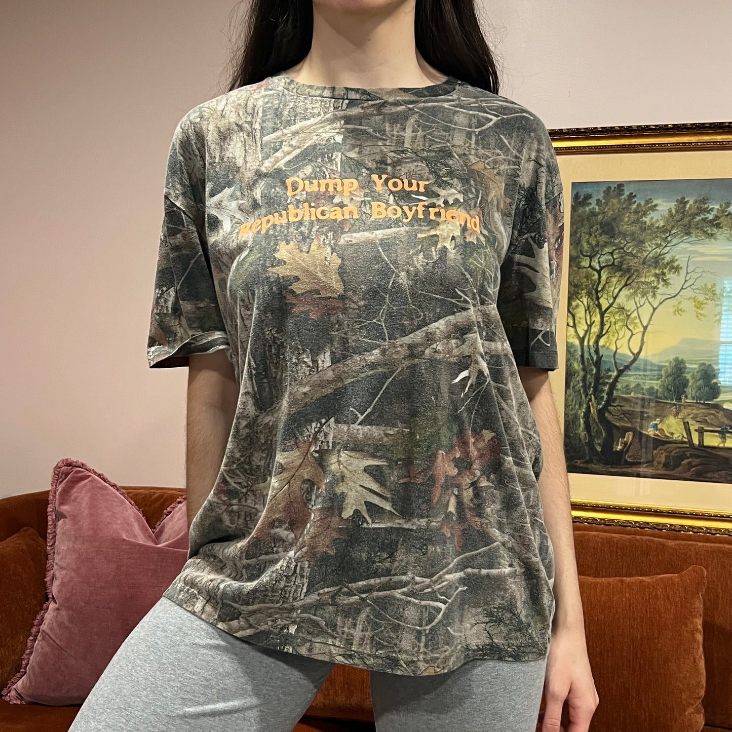 DUMP YOUR REPUBLICAN BOYFRIEND camo t-shirt with orange text (L)