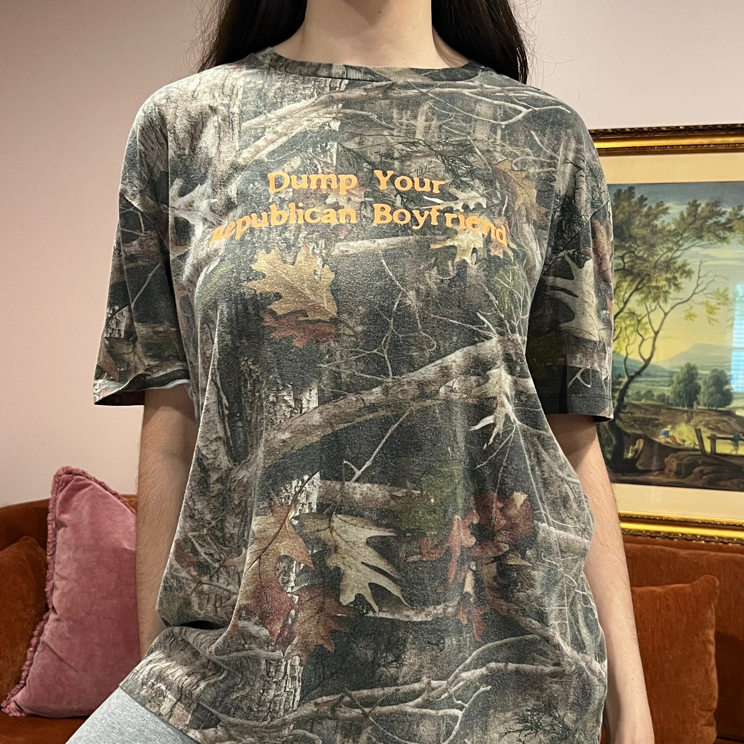 DUMP YOUR REPUBLICAN BOYFRIEND camo t-shirt with orange text (L)