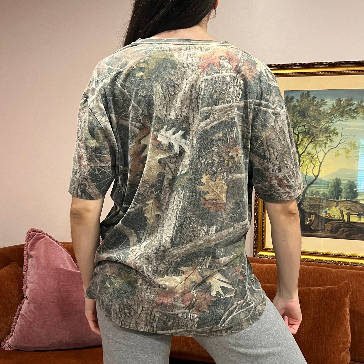 DUMP YOUR REPUBLICAN BOYFRIEND camo t-shirt with orange text (L)