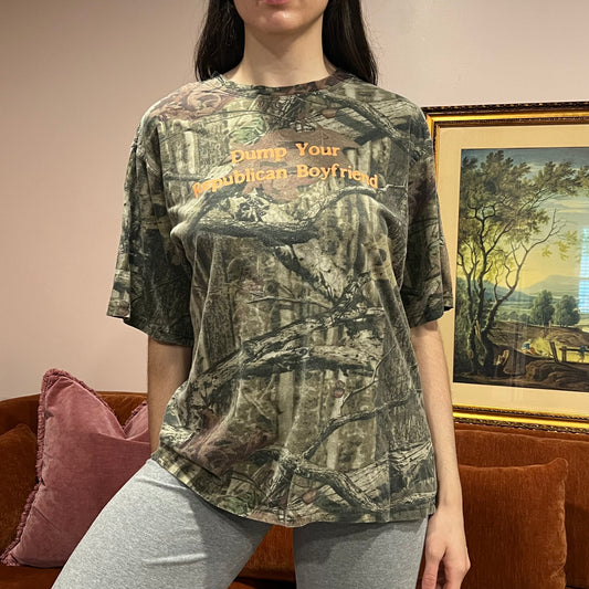 DUMP YOUR REPUBLICAN BOYFRIEND camo t-shirt with orange text (L)