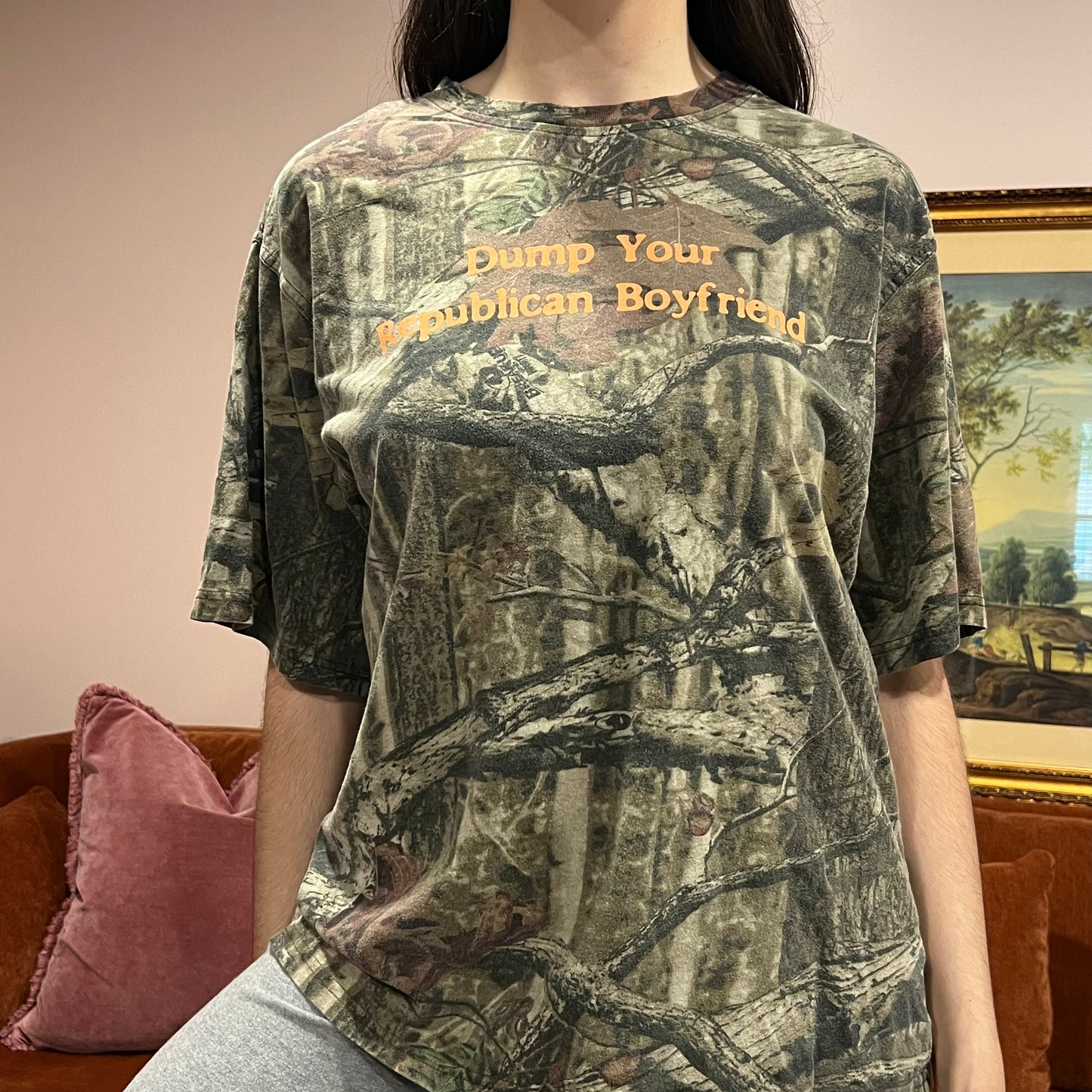 DUMP YOUR REPUBLICAN BOYFRIEND camo t-shirt with orange text (L)
