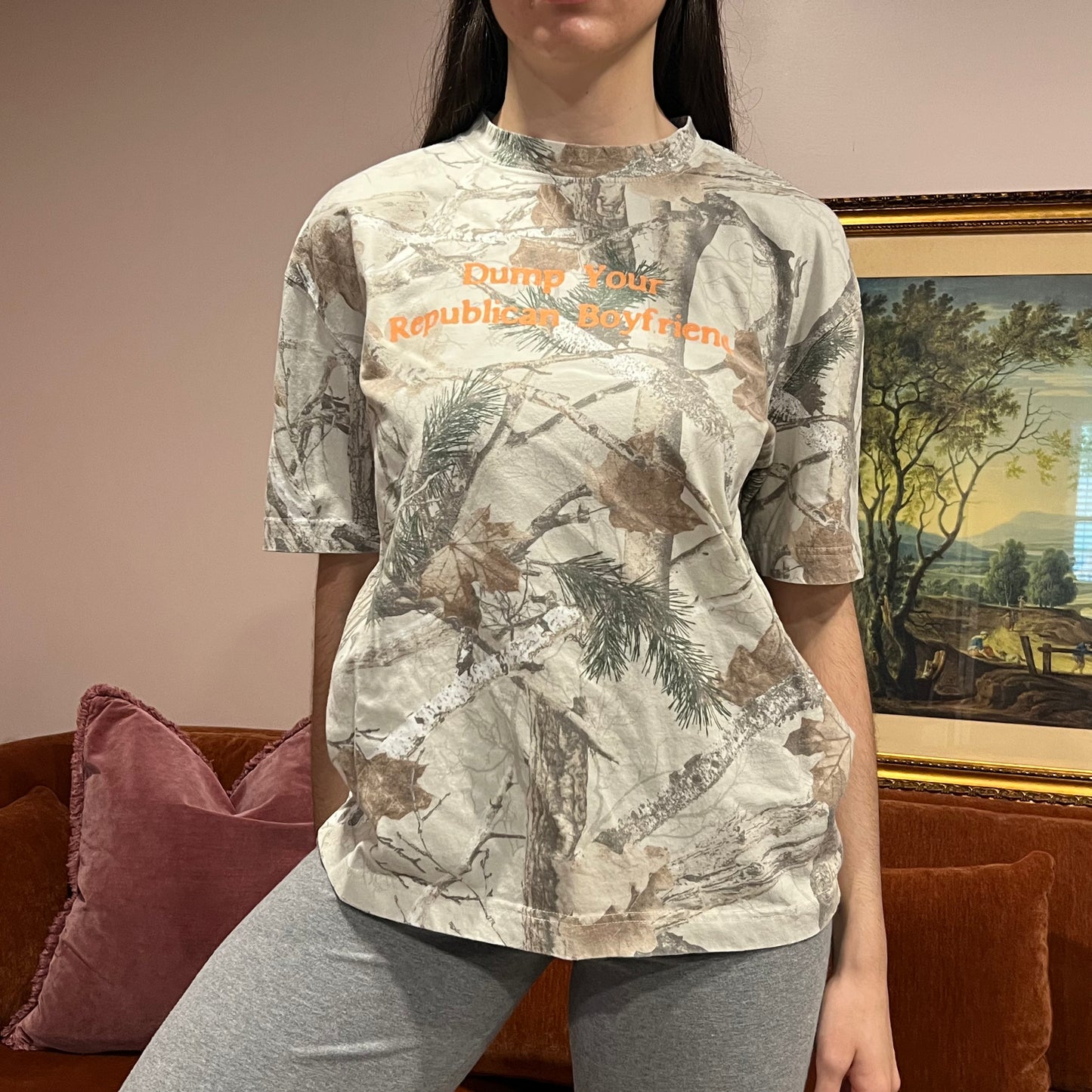 DUMP YOUR REPUBLICAN BOYFRIEND white camo t-shirt with orange text (M)