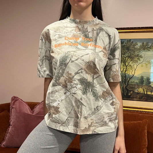 DUMP YOUR REPUBLICAN BOYFRIEND white camo t-shirt with orange text (M)