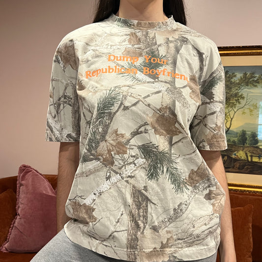 DUMP YOUR REPUBLICAN BOYFRIEND white camo t-shirt with orange text (M)