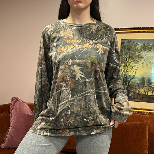DUMP YOUR REPUBLICAN BOYFRIEND camo long sleeve t-shirt with orange text (XL)