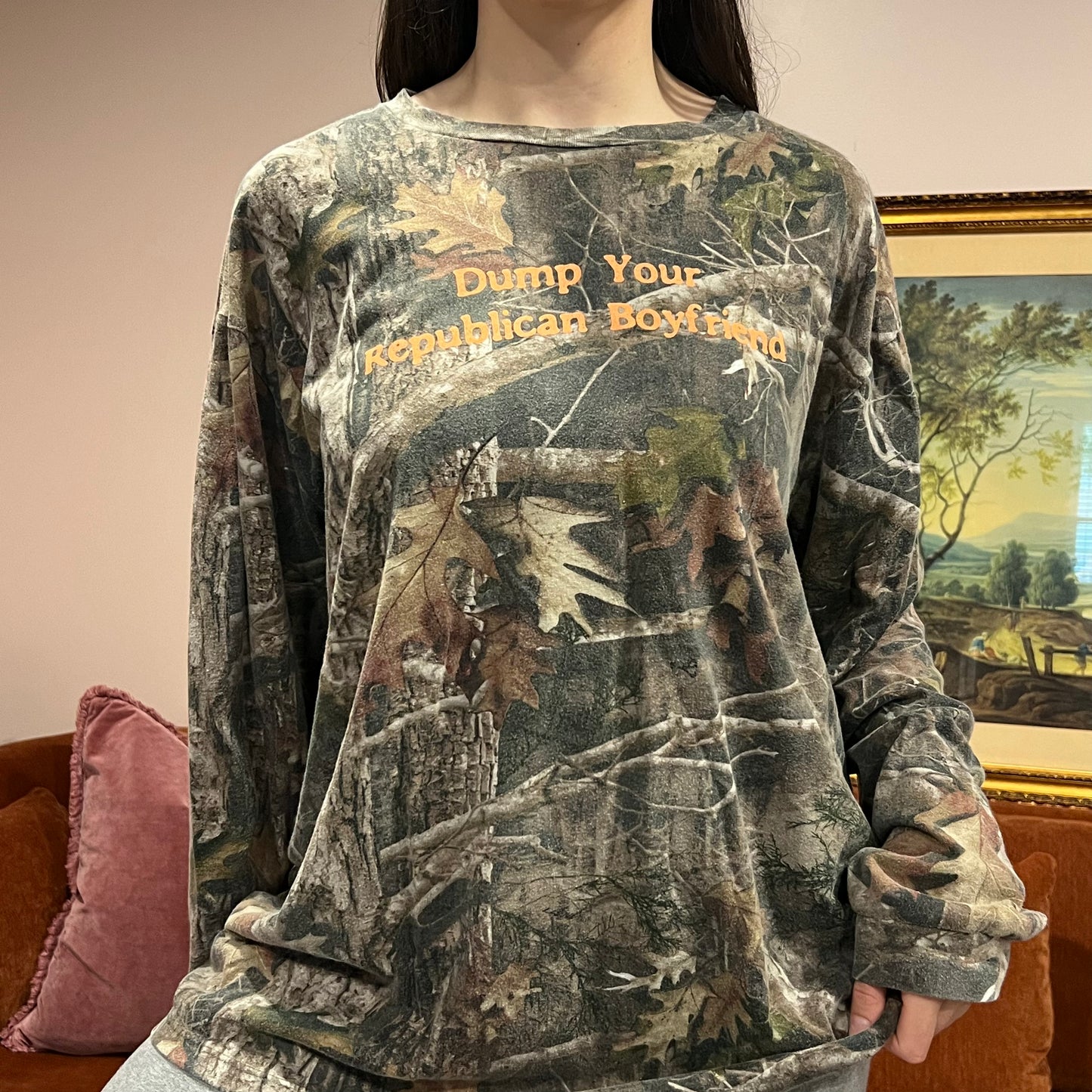 DUMP YOUR REPUBLICAN BOYFRIEND camo long sleeve t-shirt with orange text (XL)