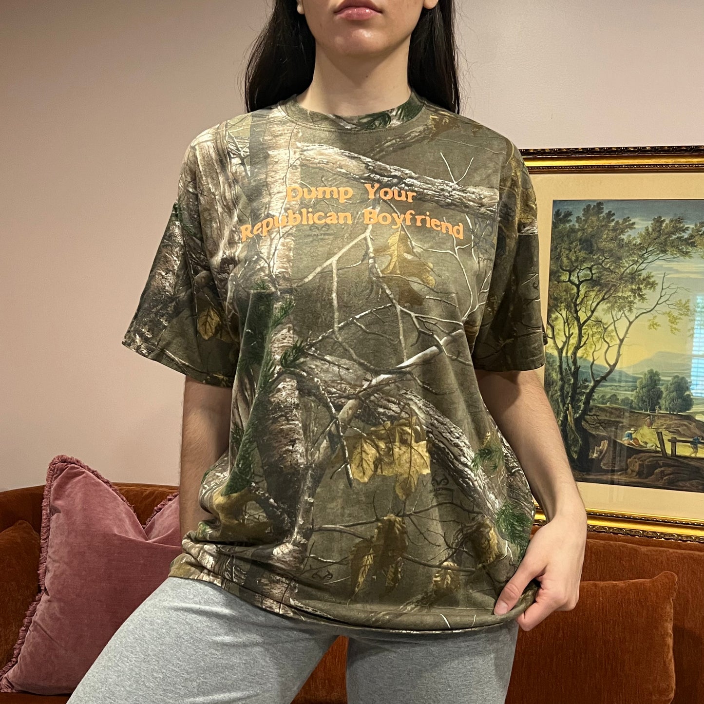 DUMP YOUR REPUBLICAN BOYFRIEND camo t-shirt with orange text (XL)