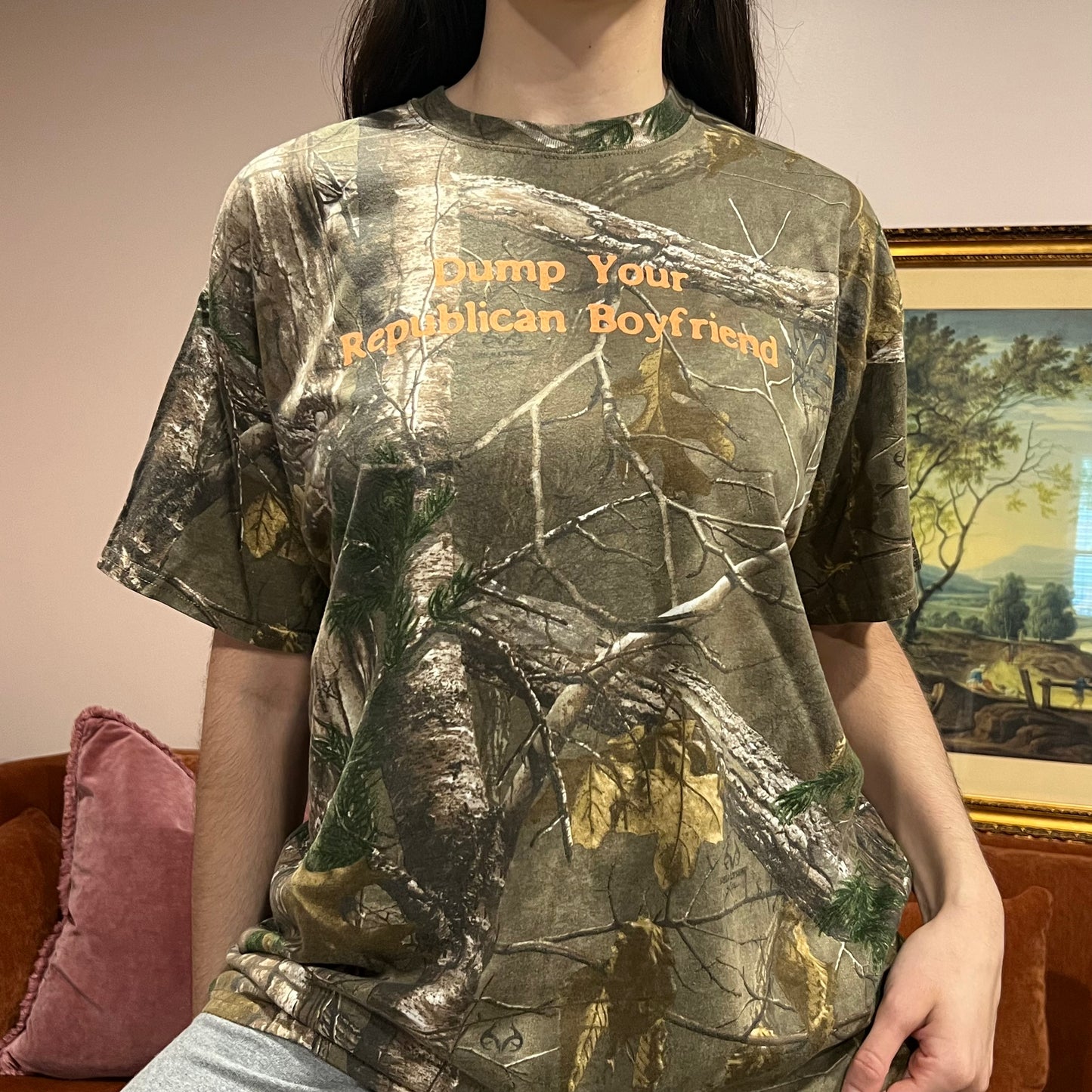 DUMP YOUR REPUBLICAN BOYFRIEND camo t-shirt with orange text (XL)