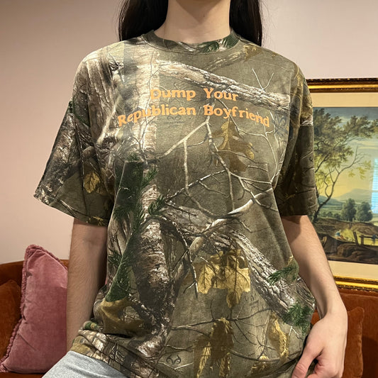 DUMP YOUR REPUBLICAN BOYFRIEND camo t-shirt with orange text (XL)