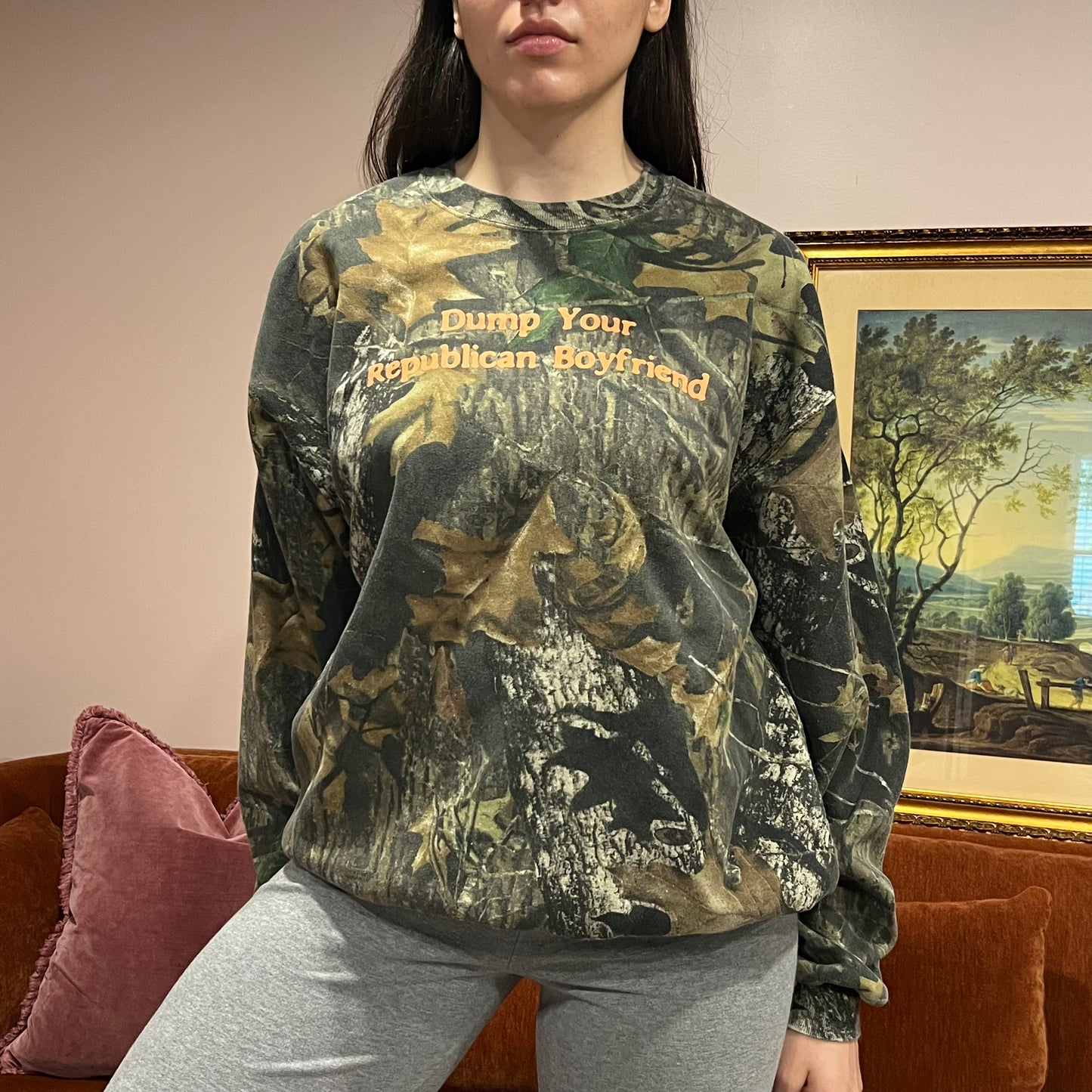 DUMP YOUR REPUBLICAN BOYFRIEND camo crewneck with orange text (XL)