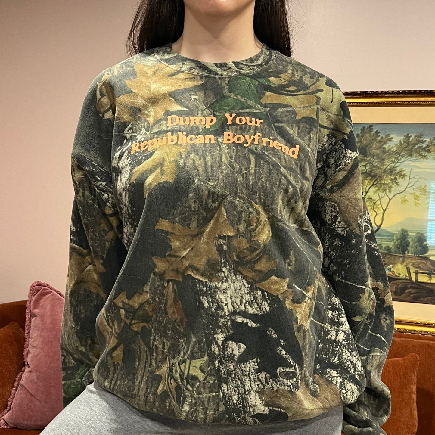 DUMP YOUR REPUBLICAN BOYFRIEND camo crewneck with orange text (XL)