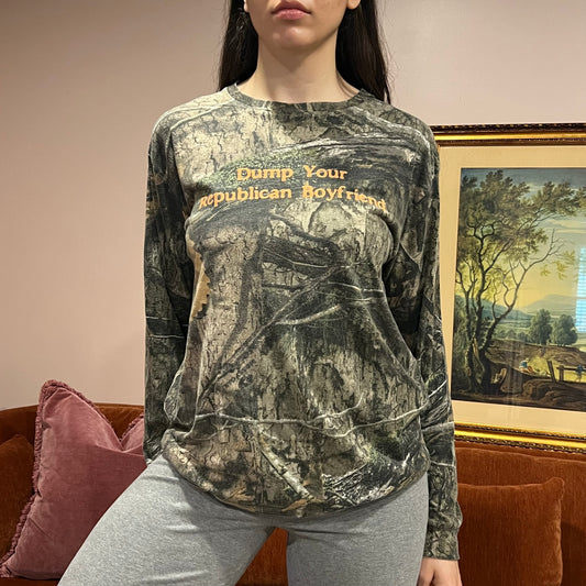DUMP YOUR REPUBLICAN BOYFRIEND camo long sleeve t-shirt with orange text (M)
