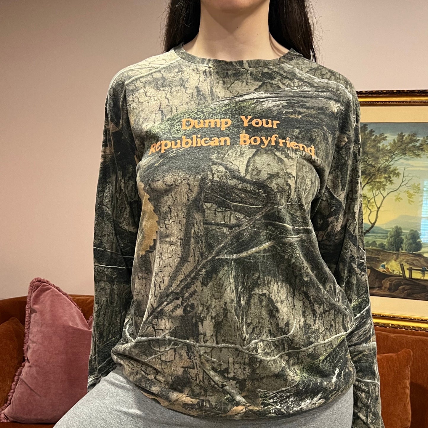 DUMP YOUR REPUBLICAN BOYFRIEND camo long sleeve t-shirt with orange text (M)