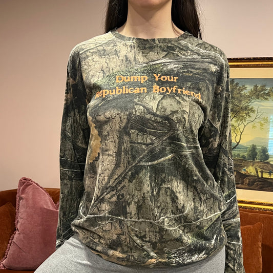 DUMP YOUR REPUBLICAN BOYFRIEND camo long sleeve t-shirt with orange text (M)