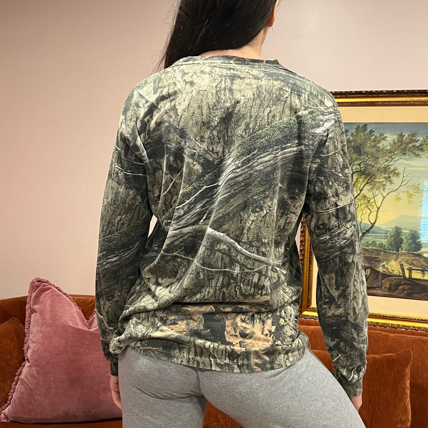 DUMP YOUR REPUBLICAN BOYFRIEND camo long sleeve t-shirt with orange text (M)