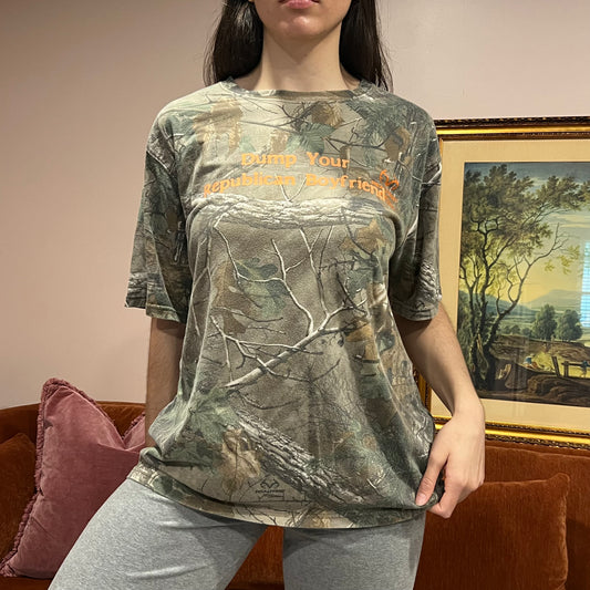 DUMP YOUR REPUBLICAN BOYFRIEND camo t-shirt with orange text (L)