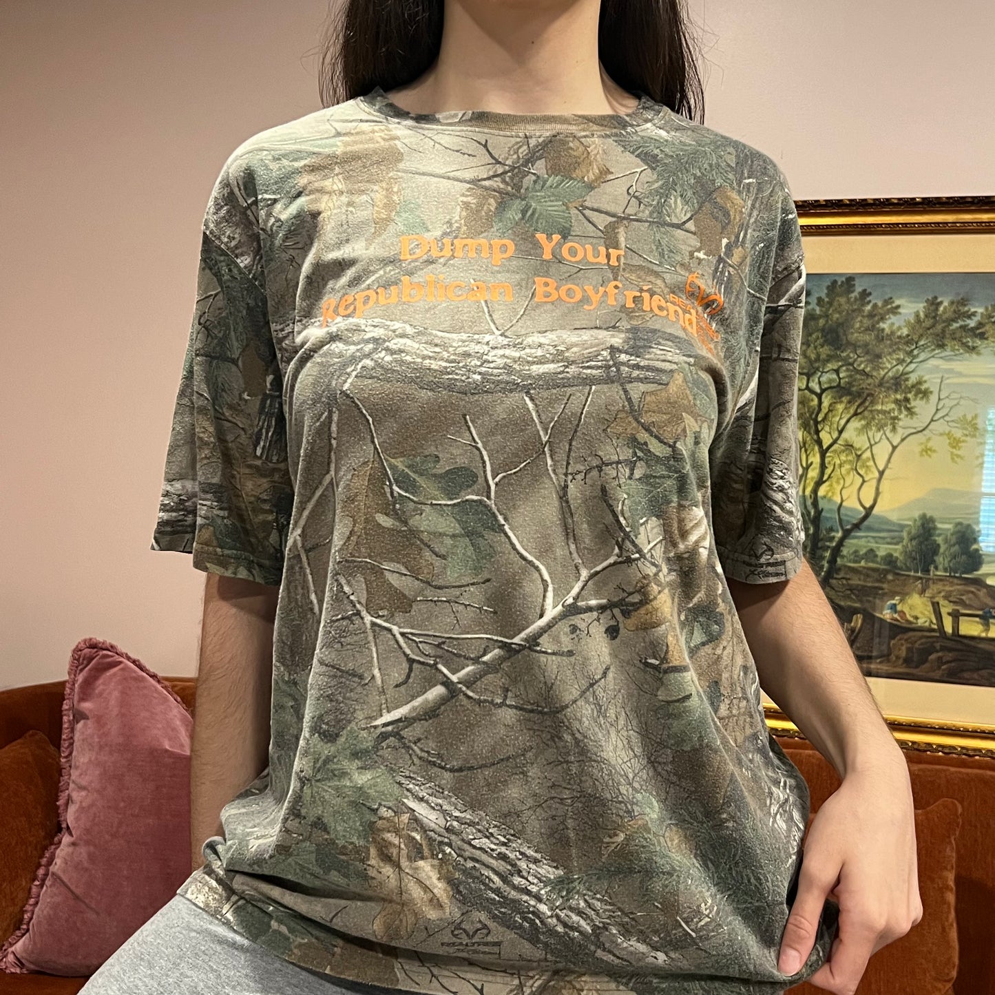 DUMP YOUR REPUBLICAN BOYFRIEND camo t-shirt with orange text (L)
