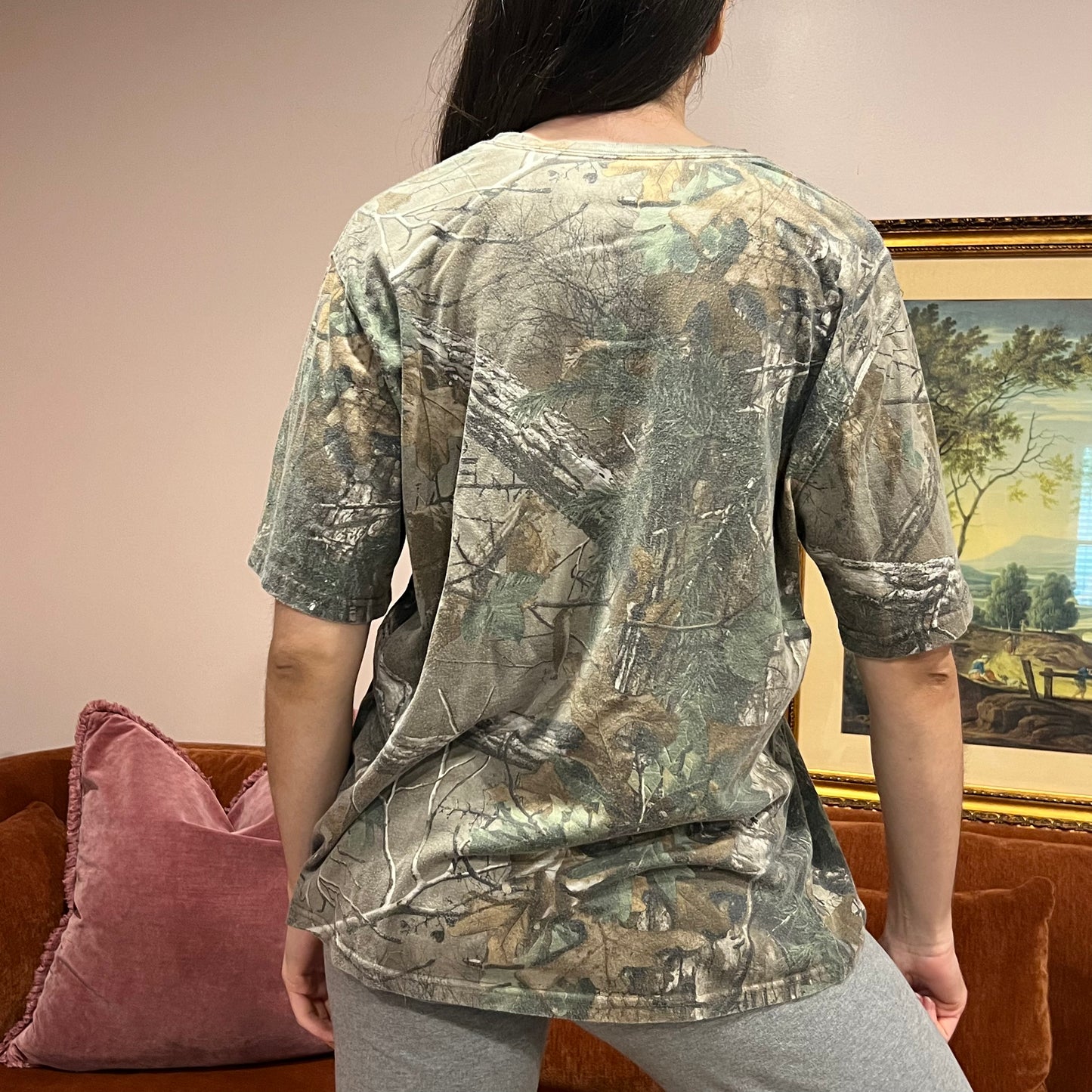 DUMP YOUR REPUBLICAN BOYFRIEND camo t-shirt with orange text (L)