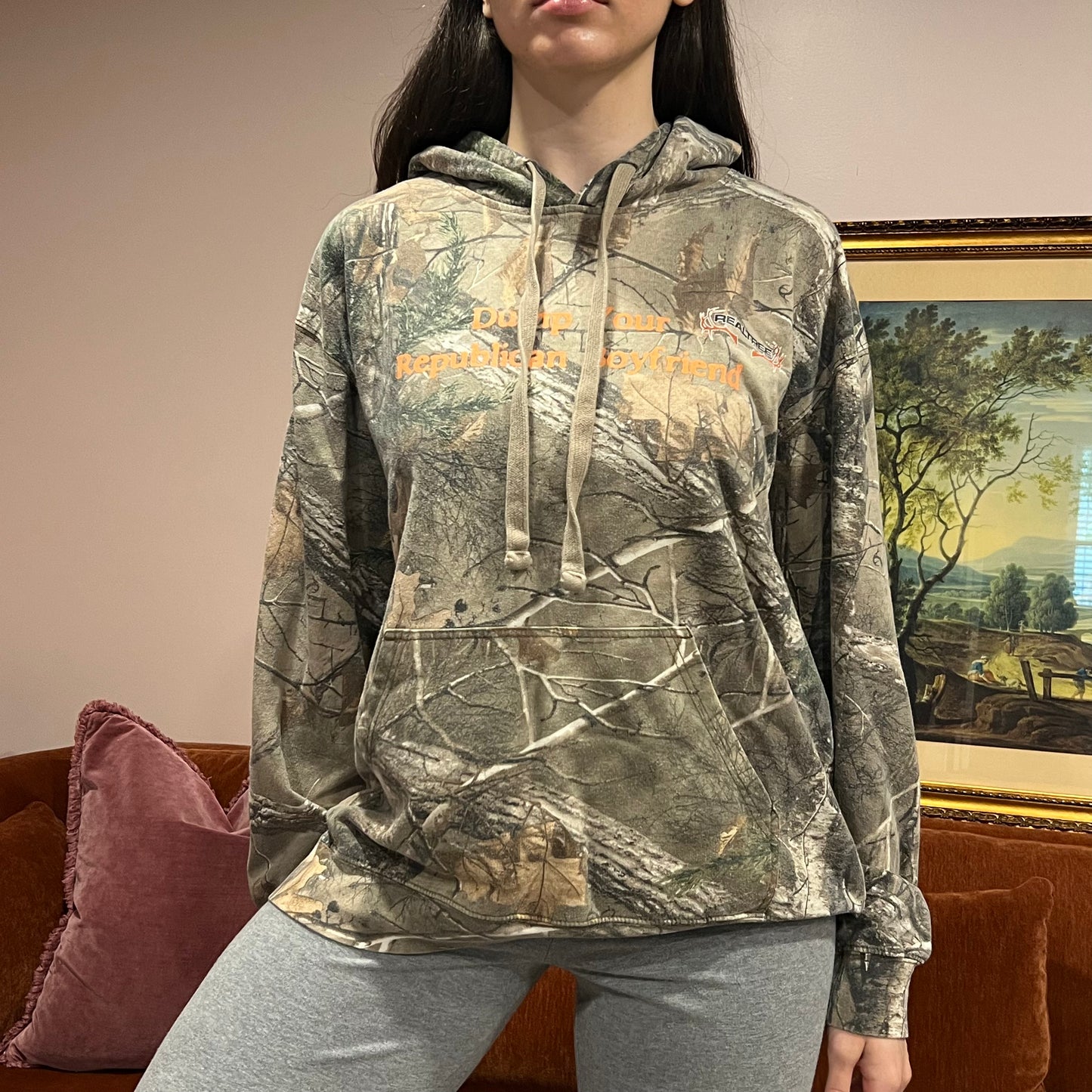 DUMP YOUR REPUBLICAN BOYFRIEND camo hoodie with orange text (XL)