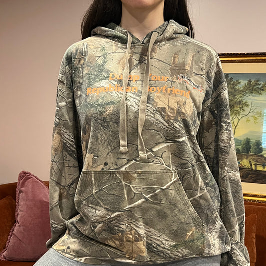 DUMP YOUR REPUBLICAN BOYFRIEND camo hoodie with orange text (XL)