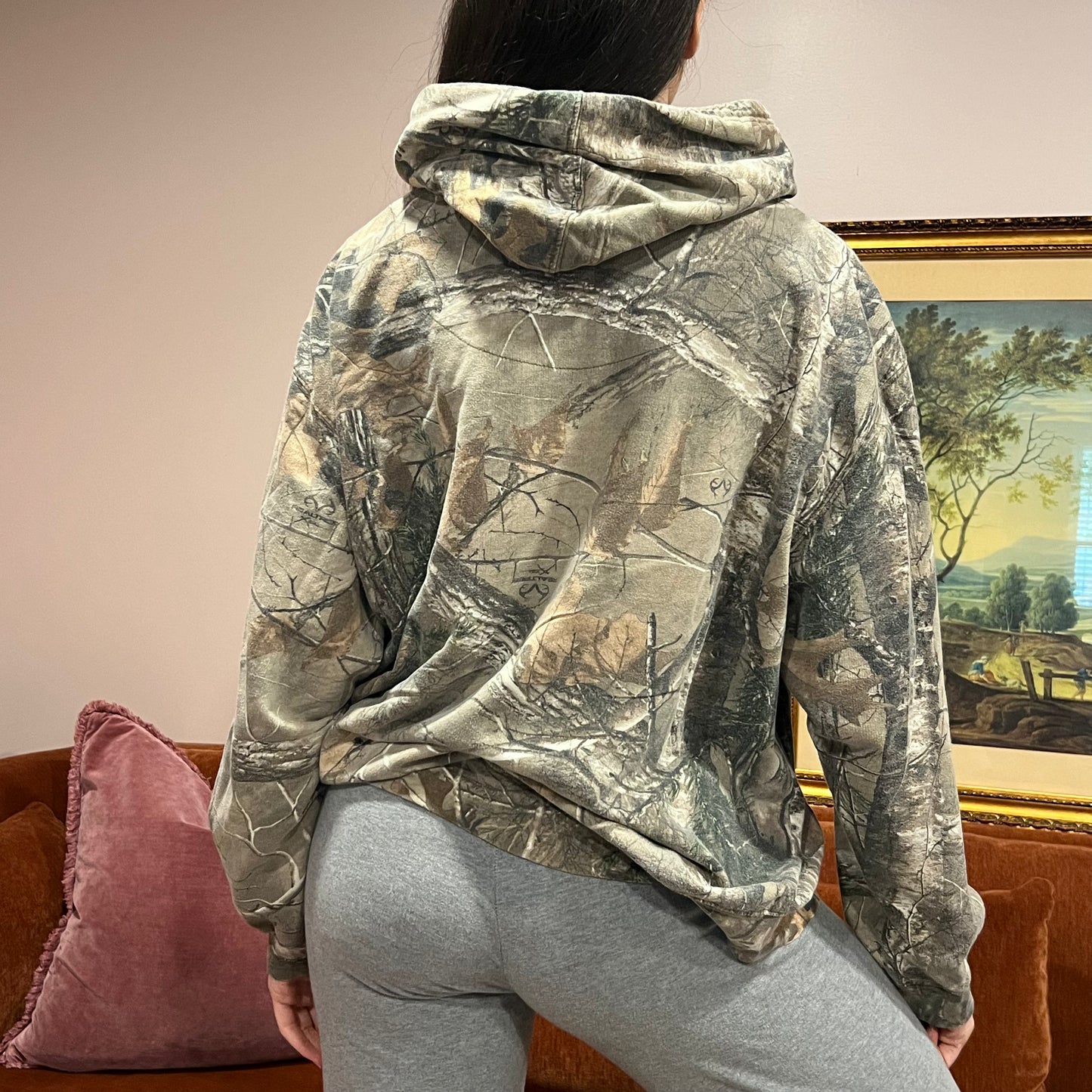 DUMP YOUR REPUBLICAN BOYFRIEND camo hoodie with orange text (XL)