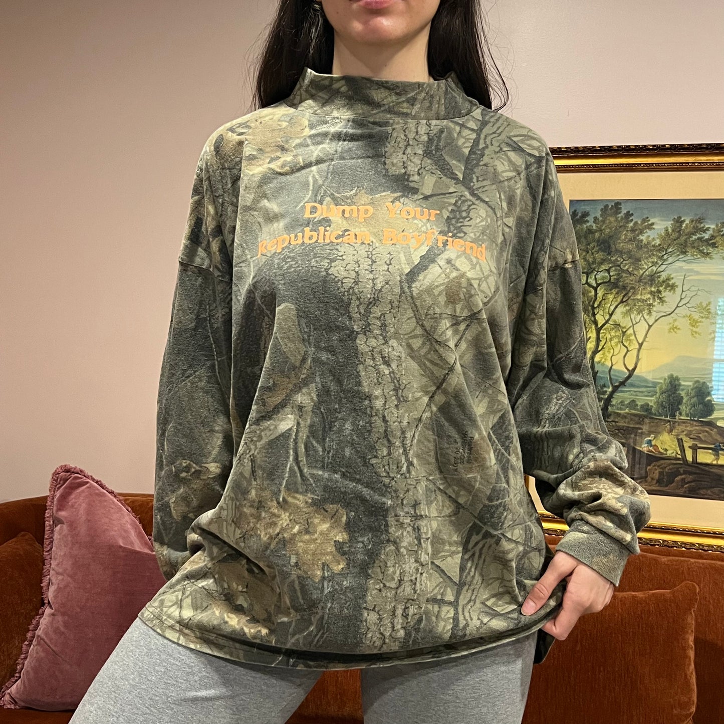 DUMP YOUR REPUBLICAN BOYFRIEND camo crewneck with orange text (2XL)