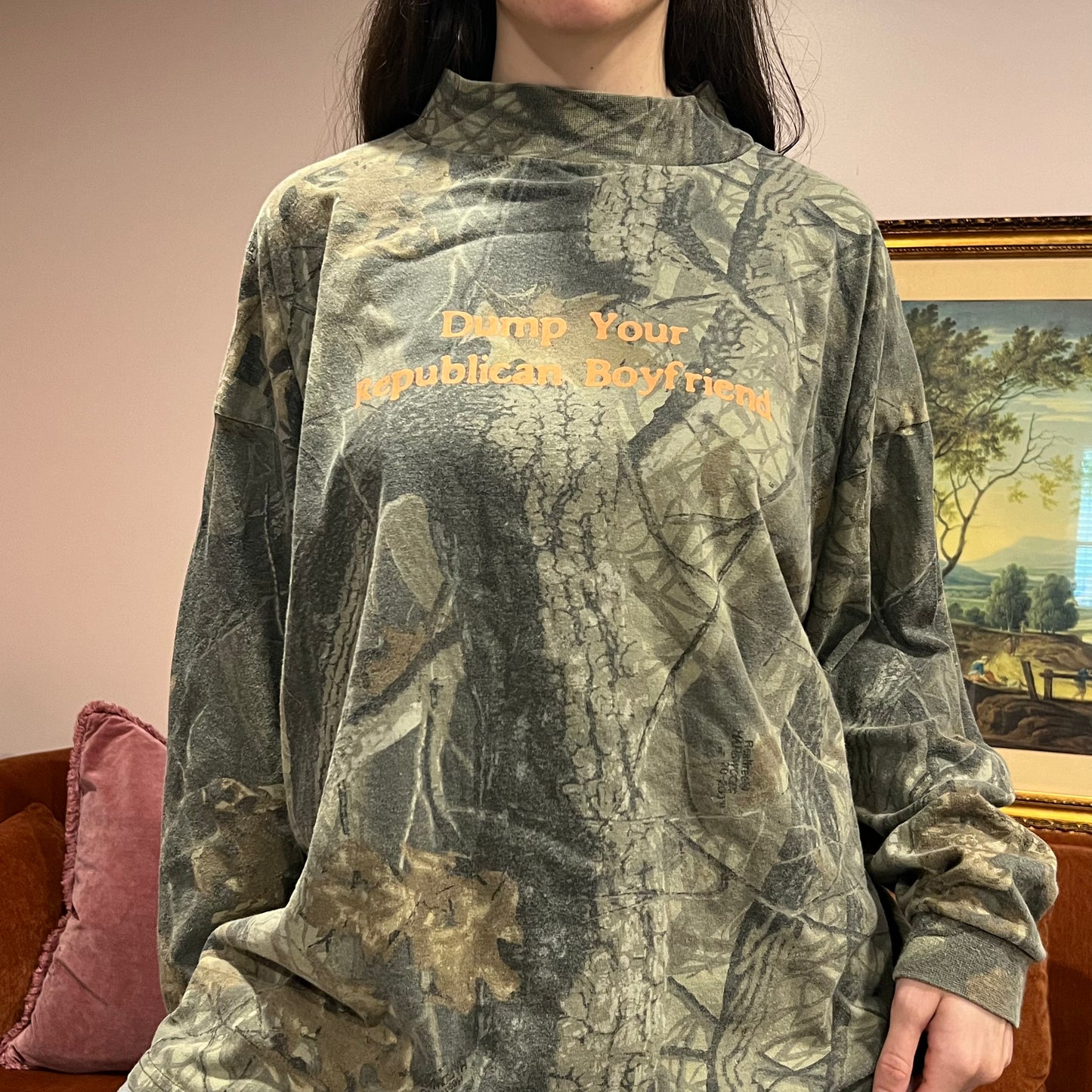 DUMP YOUR REPUBLICAN BOYFRIEND camo crewneck with orange text (2XL)
