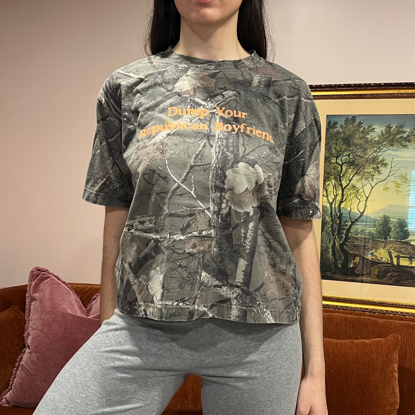 DUMP YOUR REPUBLICAN BOYFRIEND camo t-shirt with orange text (S)