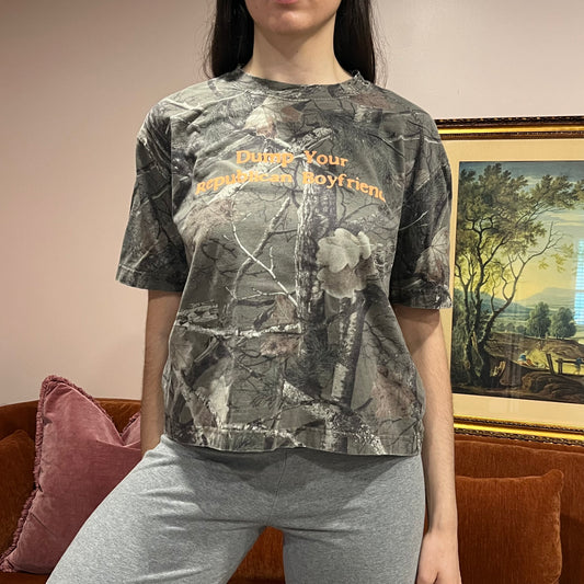 DUMP YOUR REPUBLICAN BOYFRIEND camo t-shirt with orange text (S)