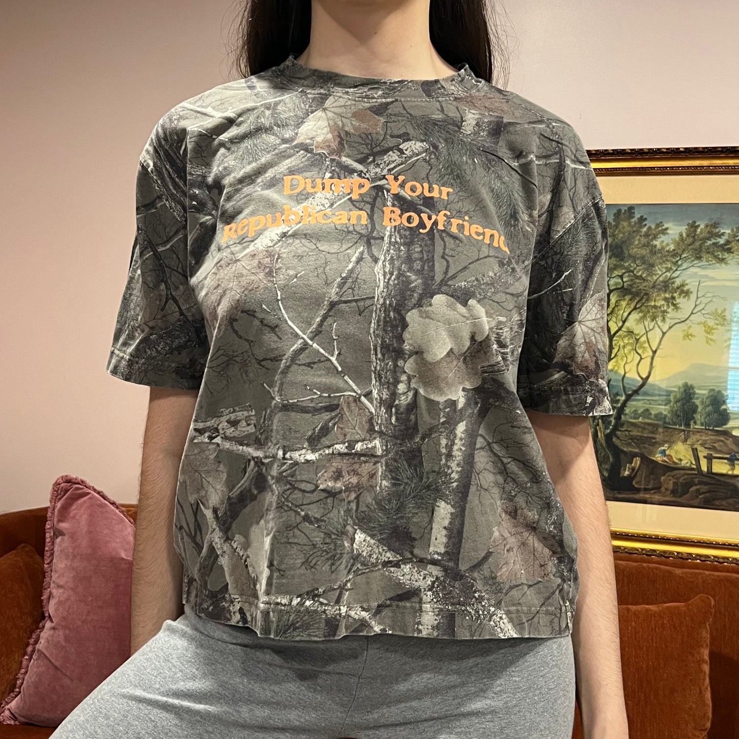 DUMP YOUR REPUBLICAN BOYFRIEND camo t-shirt with orange text (S)