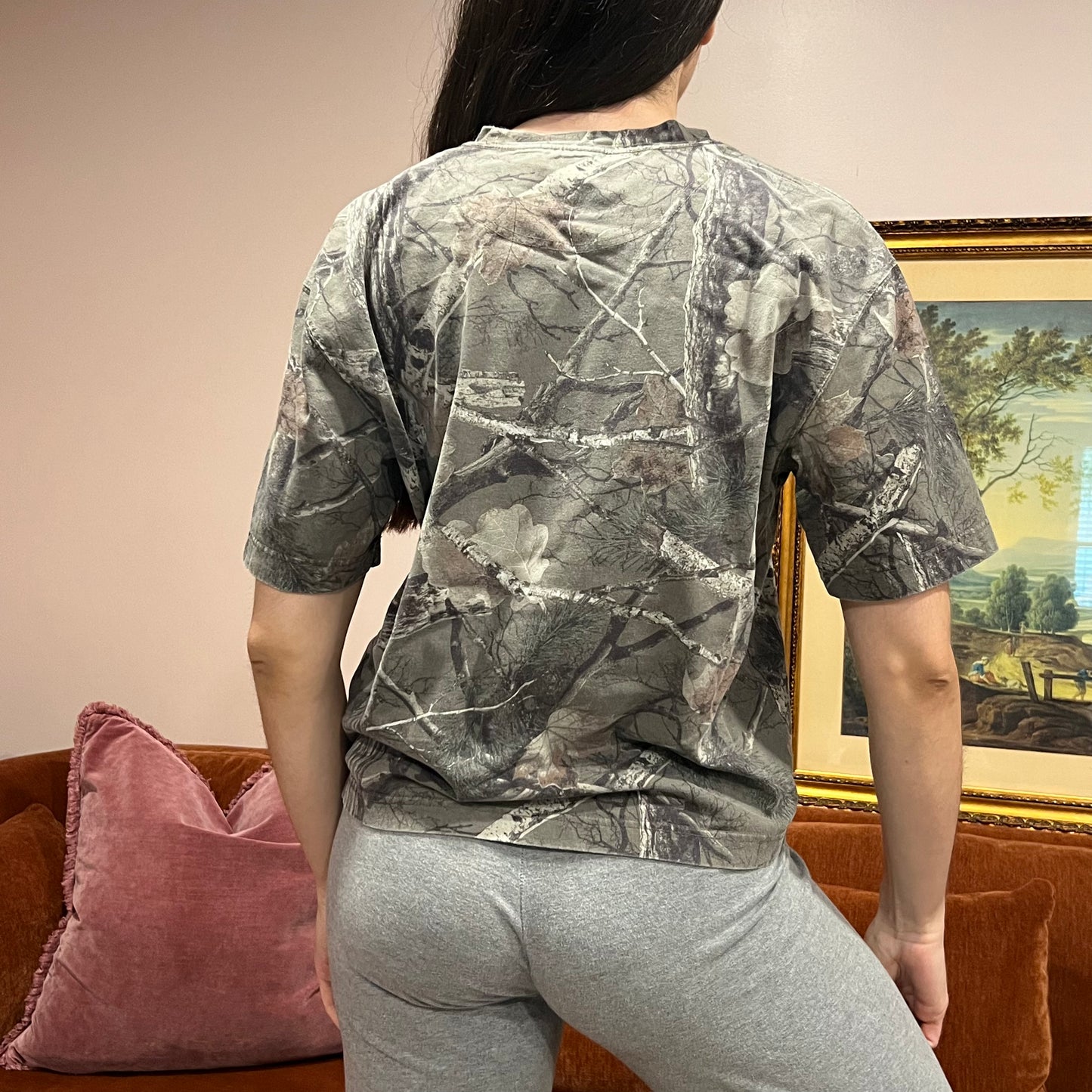 DUMP YOUR REPUBLICAN BOYFRIEND camo t-shirt with orange text (S)
