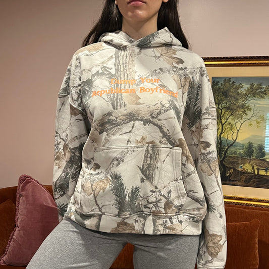 DUMP YOUR REPUBLICAN BOYFRIEND white camo hoodie with orange text (L)