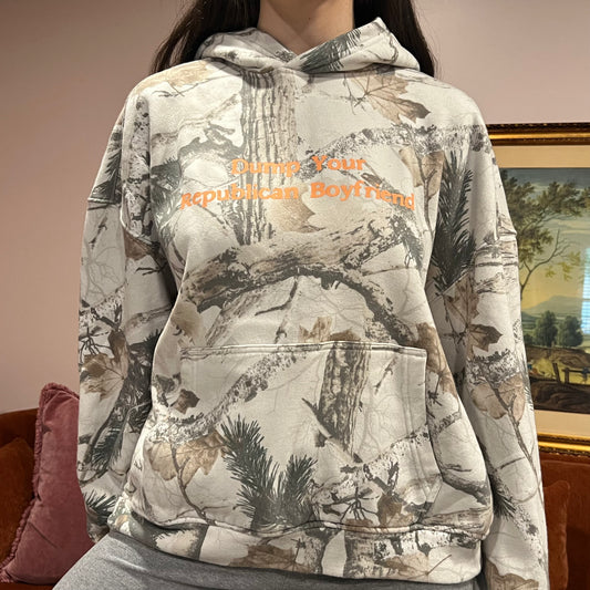 DUMP YOUR REPUBLICAN BOYFRIEND white camo hoodie with orange text (L)