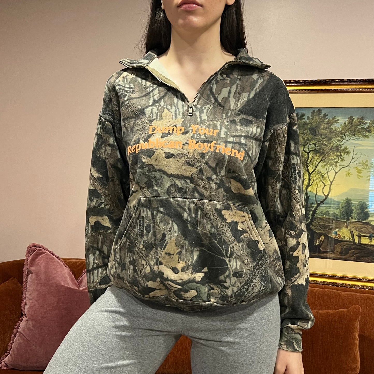 DUMP YOUR REPUBLICAN BOYFRIEND camo zip-up with orange text (M)