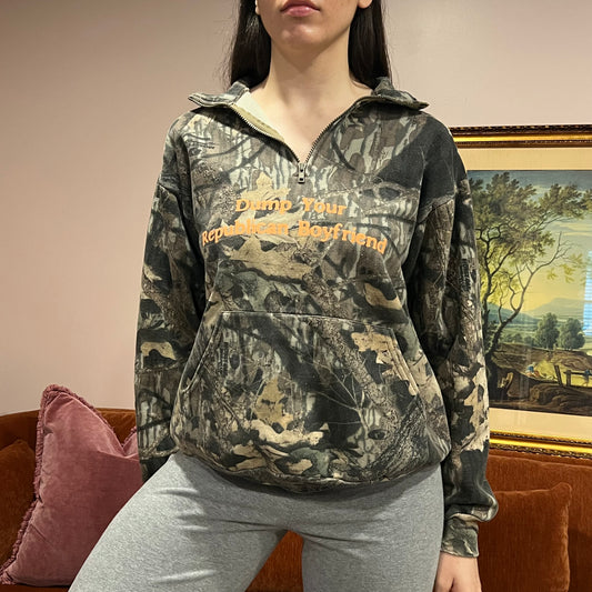 DUMP YOUR REPUBLICAN BOYFRIEND camo zip-up with orange text (M)