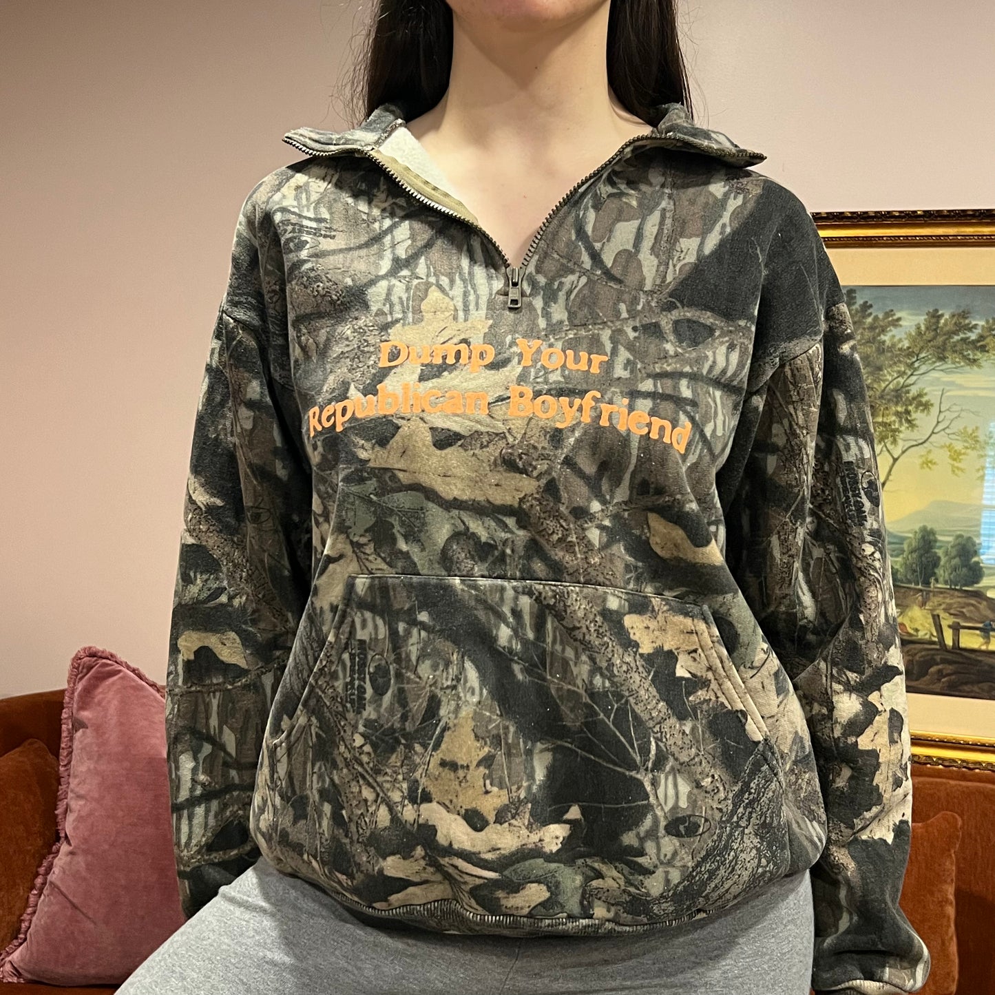 DUMP YOUR REPUBLICAN BOYFRIEND camo zip-up with orange text (M)