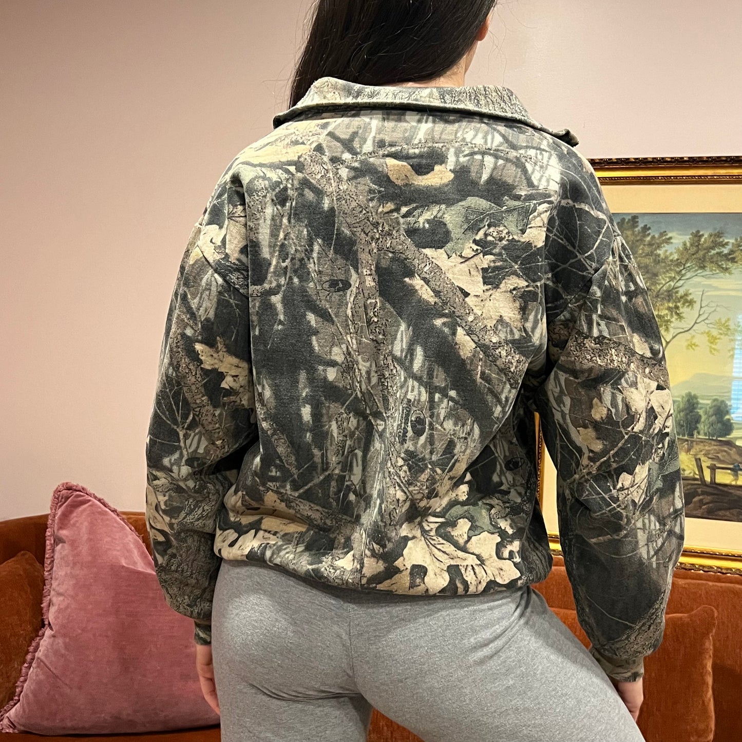 DUMP YOUR REPUBLICAN BOYFRIEND camo zip-up with orange text (M)