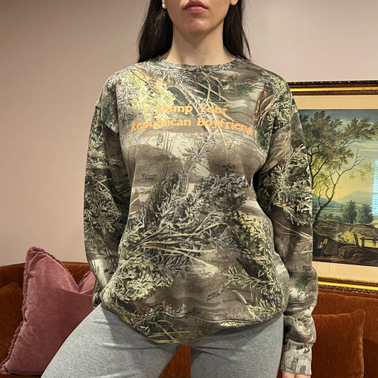DUMP YOUR REPUBLICAN BOYFRIEND camo crewneck with orange text (L)