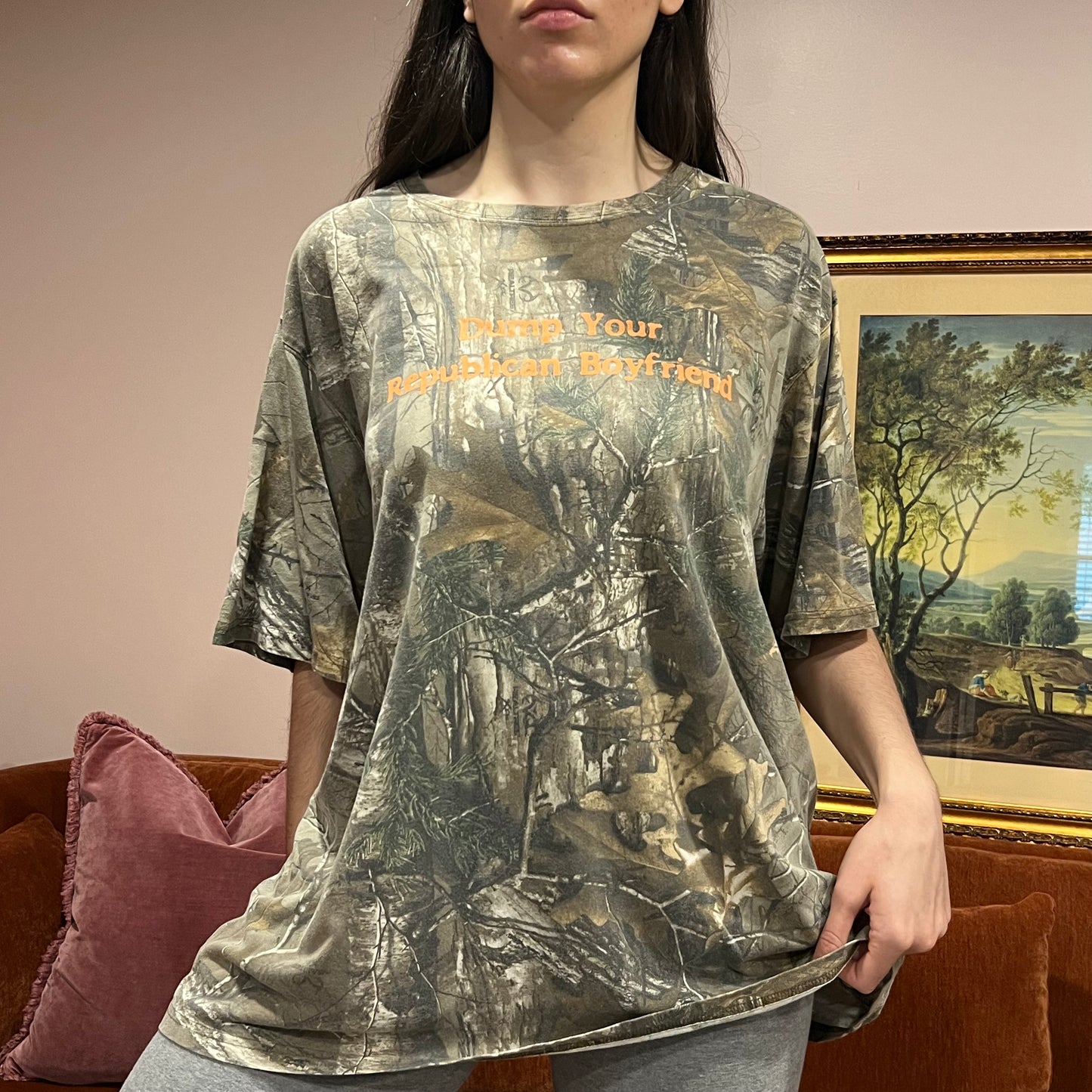 DUMP YOUR REPUBLICAN BOYFRIEND camo t-shirt with orange text (2XL)